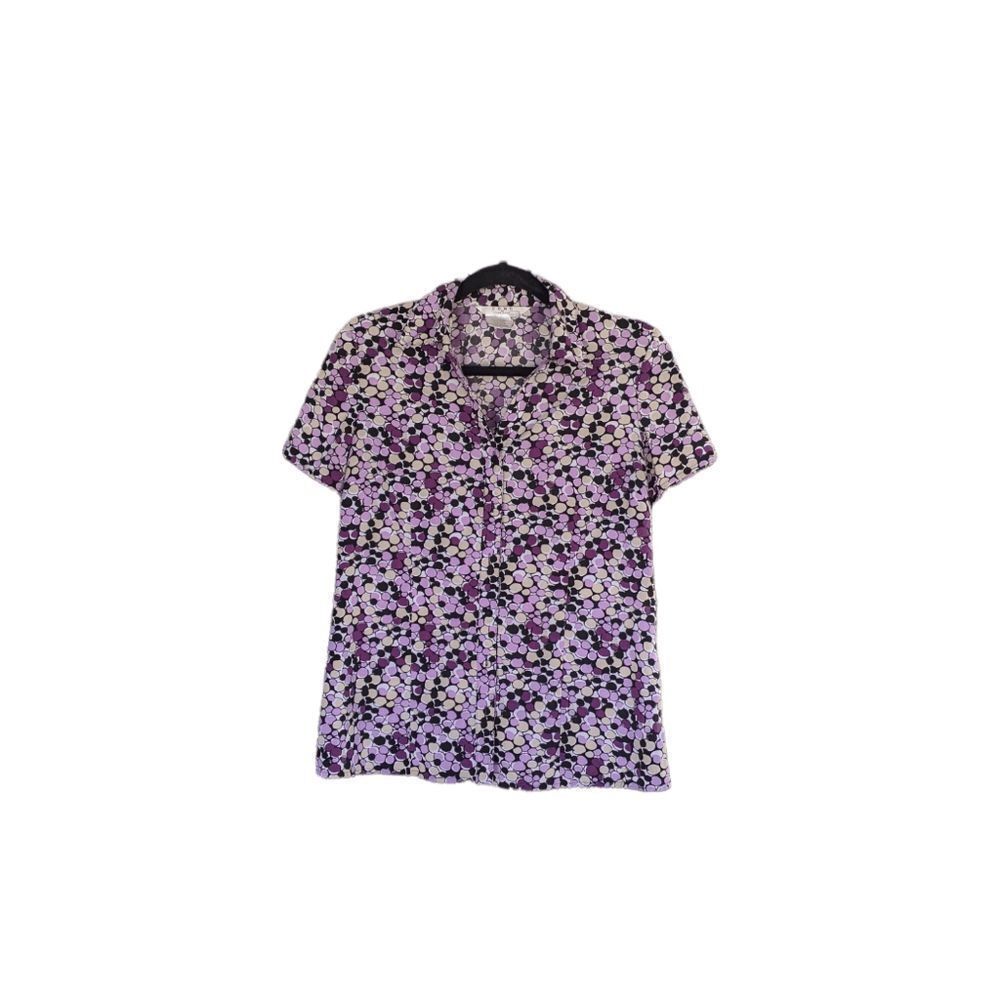 Fred David Womans 1970's Como Purple White Black Poka Dot Button Blouse Size: S